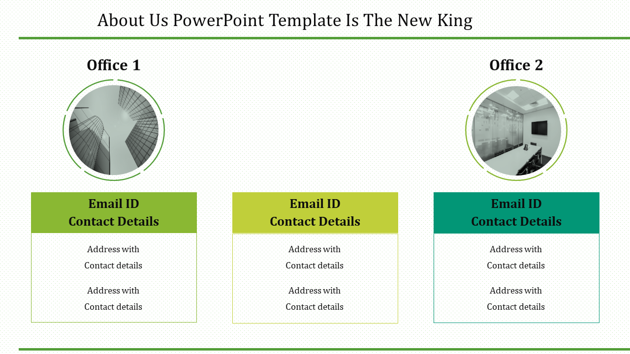 Slide with two circular office images above three text sections in green, yellow, and teal, featuring contact details.