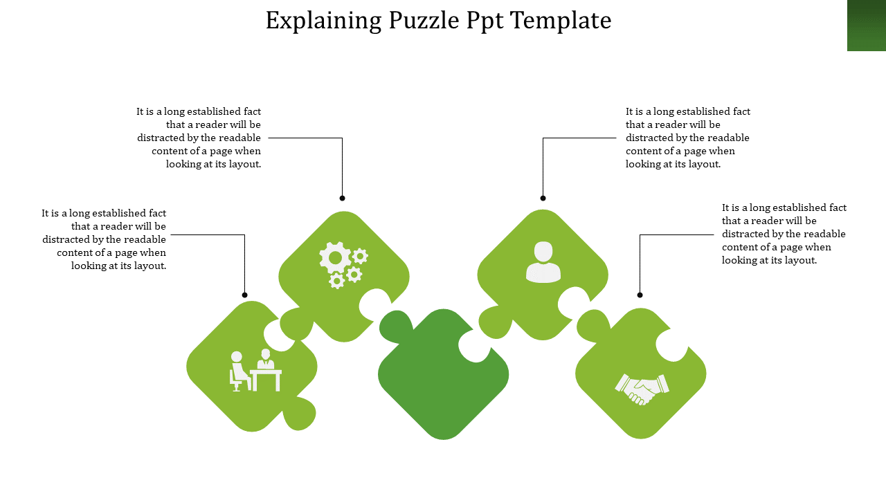 Infographic with five green puzzle pieces, each with icons and connected to placeholder text, showing different teamwork.