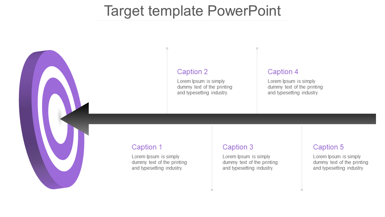 Purple target graphic on the left with a black arrow paired with five labeled captions in a structured layout.