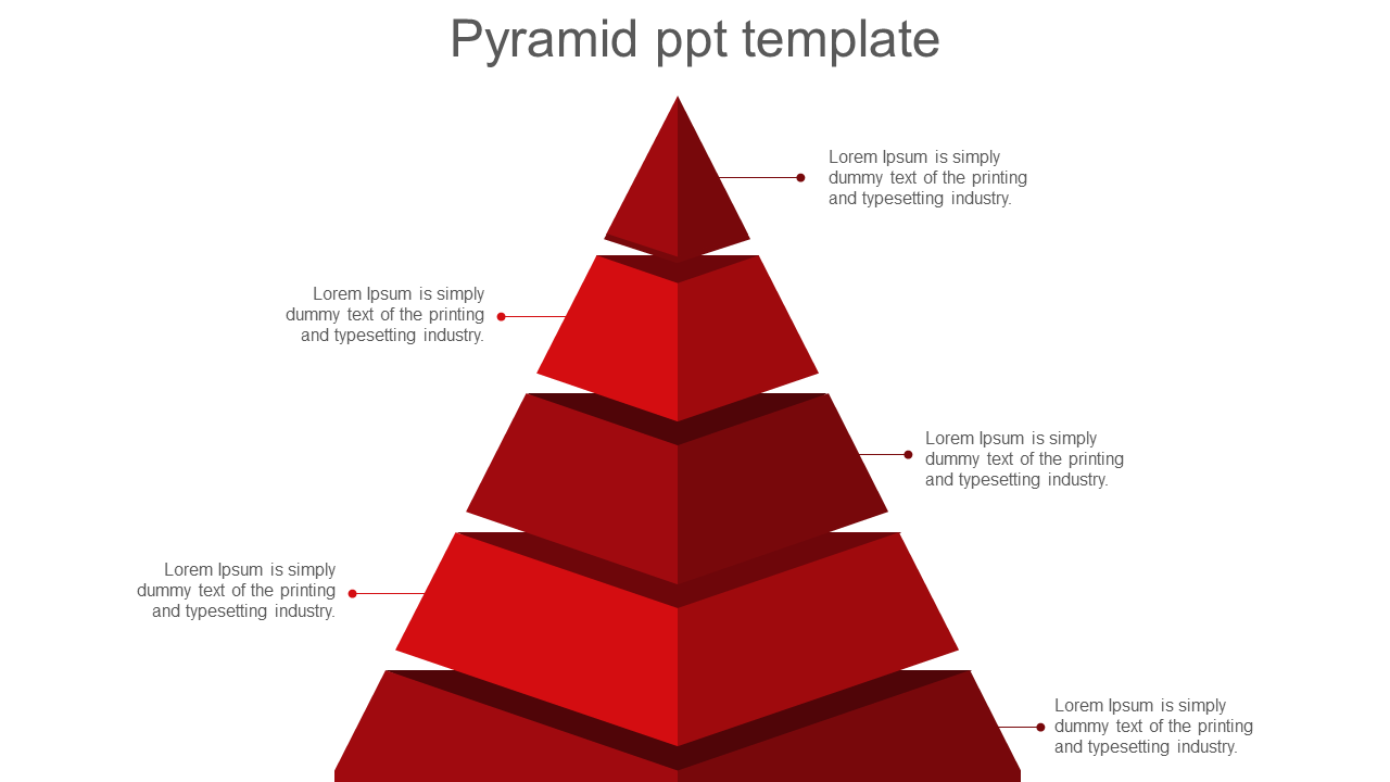 Red pyramid chart PowerPoint slide showing four sections with placeholder text.