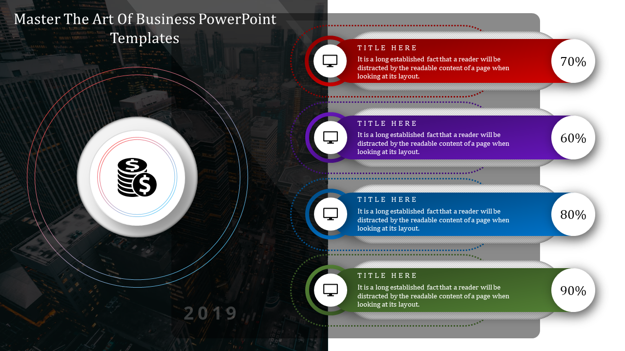 Business presentation template with a circular graphic on the left and five colored percentage bars on the right.