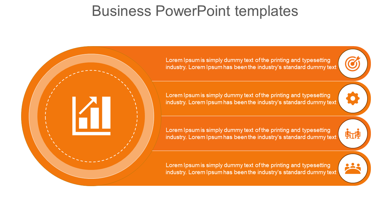 Slide featuring a large orange circle with a graph icon, linked to four labeled descriptions.