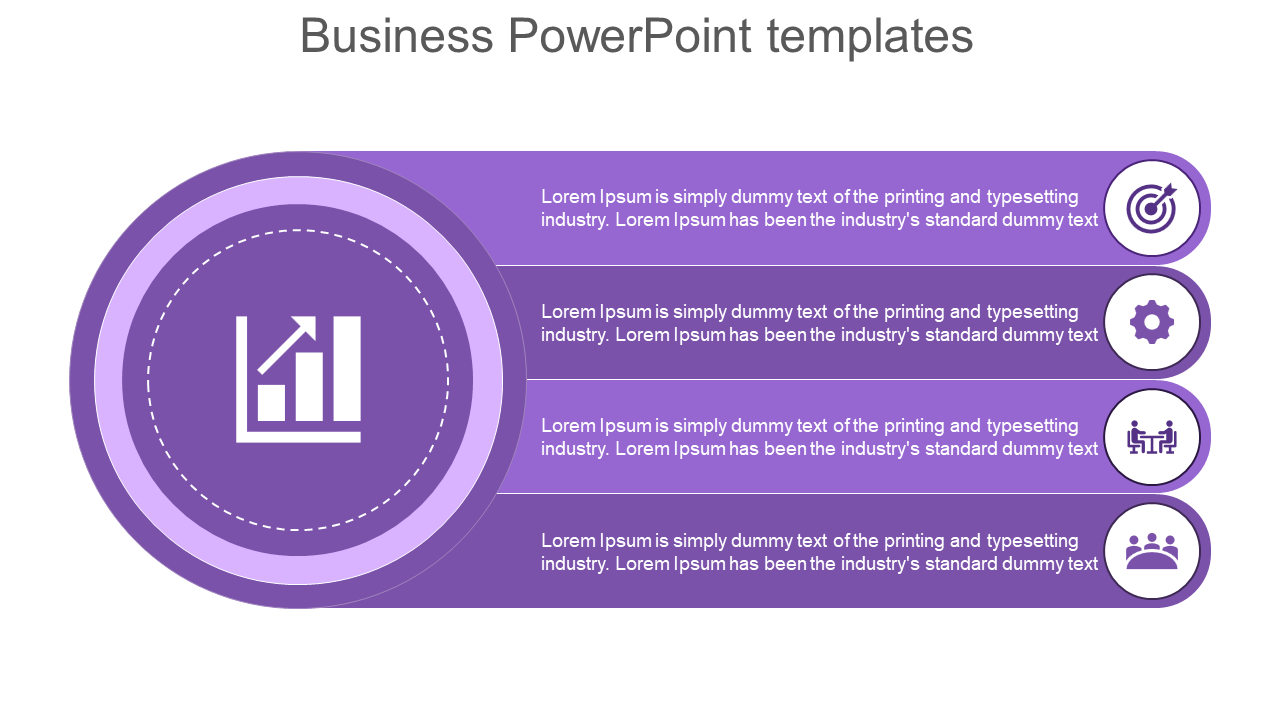 Purple theme business PowerPoint template featuring icons with placeholder text.