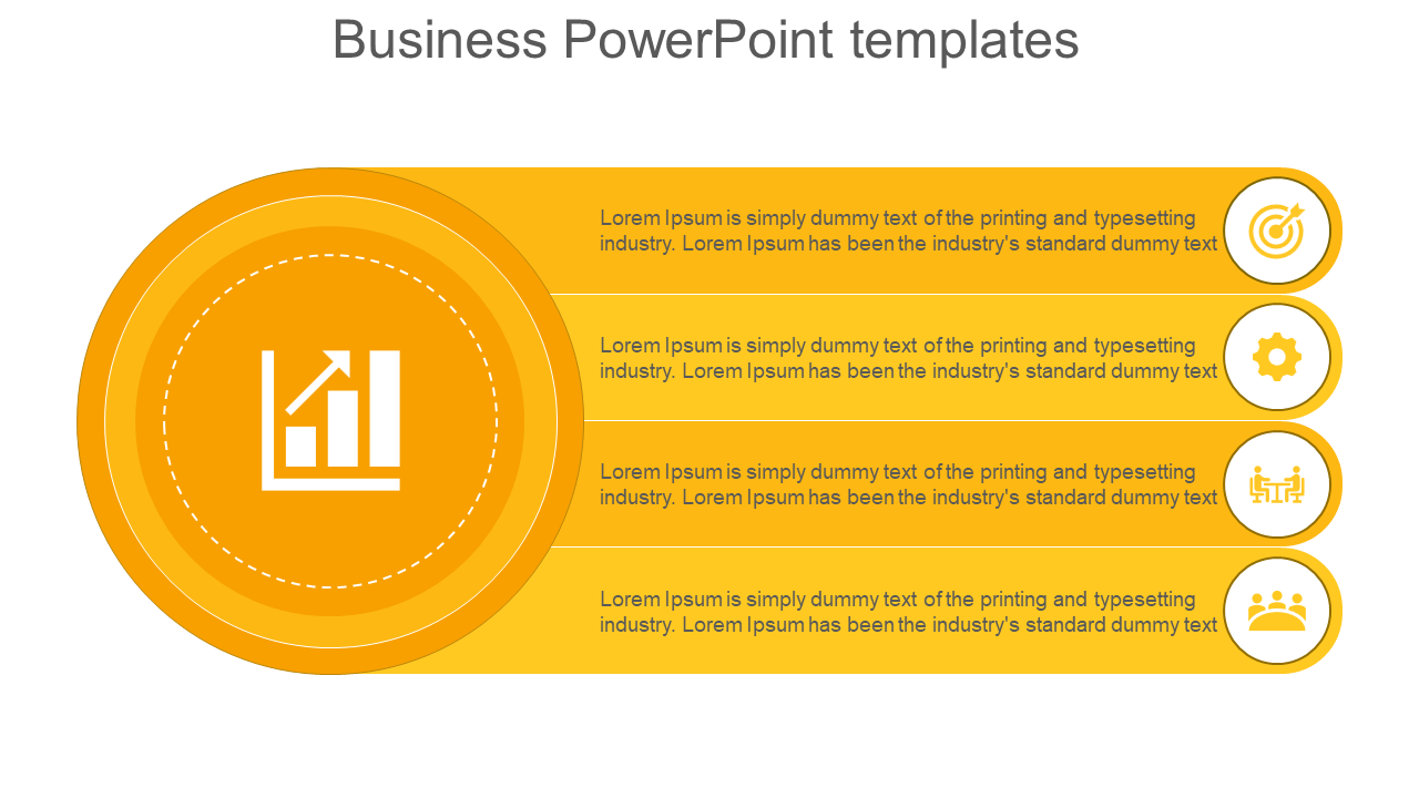 Yellow business infographic with a circular chart on the left and four horizontal sections with icons and text on the right.