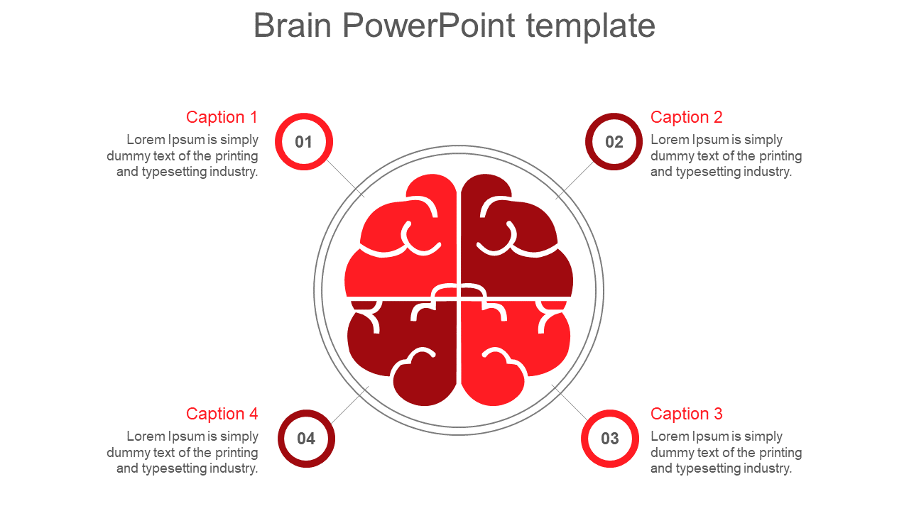 Red brain illustration in the center, split into four sections, with captions numbered 01 to 04 arranged around the diagram.