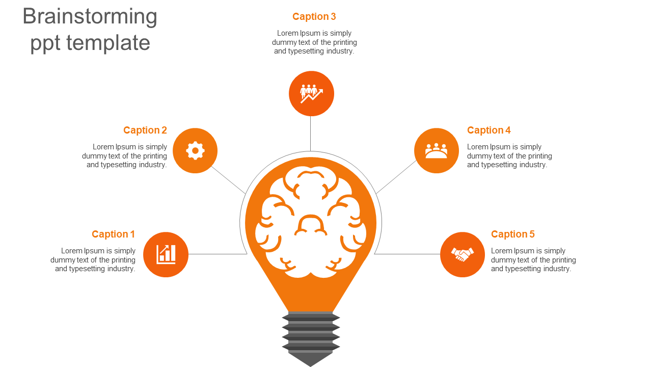 A slide with a light bulb and brain illustration, linked to five circular icons with captions for brainstorming ideas.