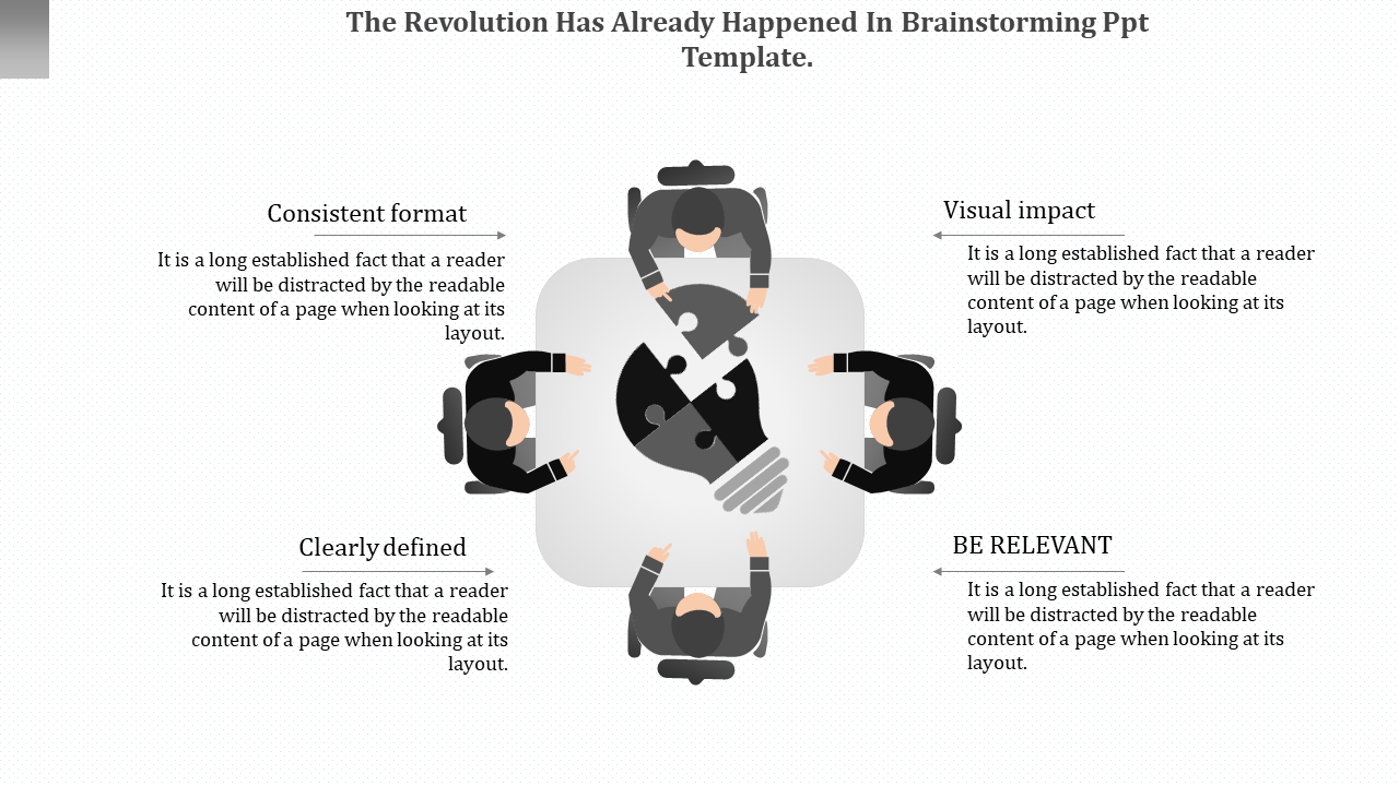 Illustration of a brainstorming session with four people seated holding a puzzle piece in a collaborative design.