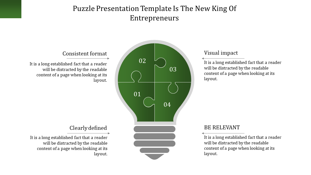 Green light bulb design with four numbered puzzle pieces, and labeled captions around the layout.