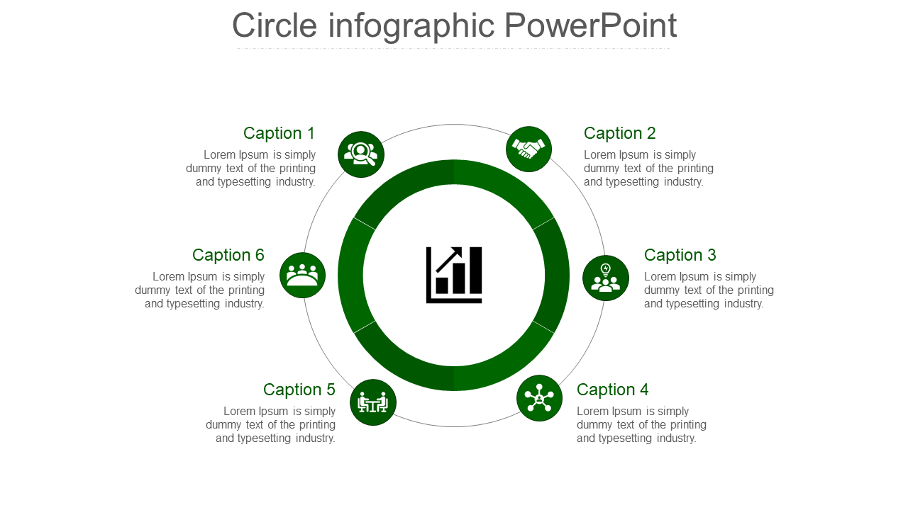 Circular diagram with a green ring, central bar chart icon, and six caption areas aligned to icons in white backdrop.