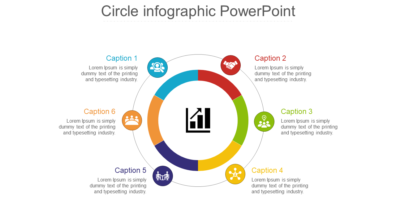 Colorful circle infographic PowerPoint template with six sections and captions around a central bar graph icon.