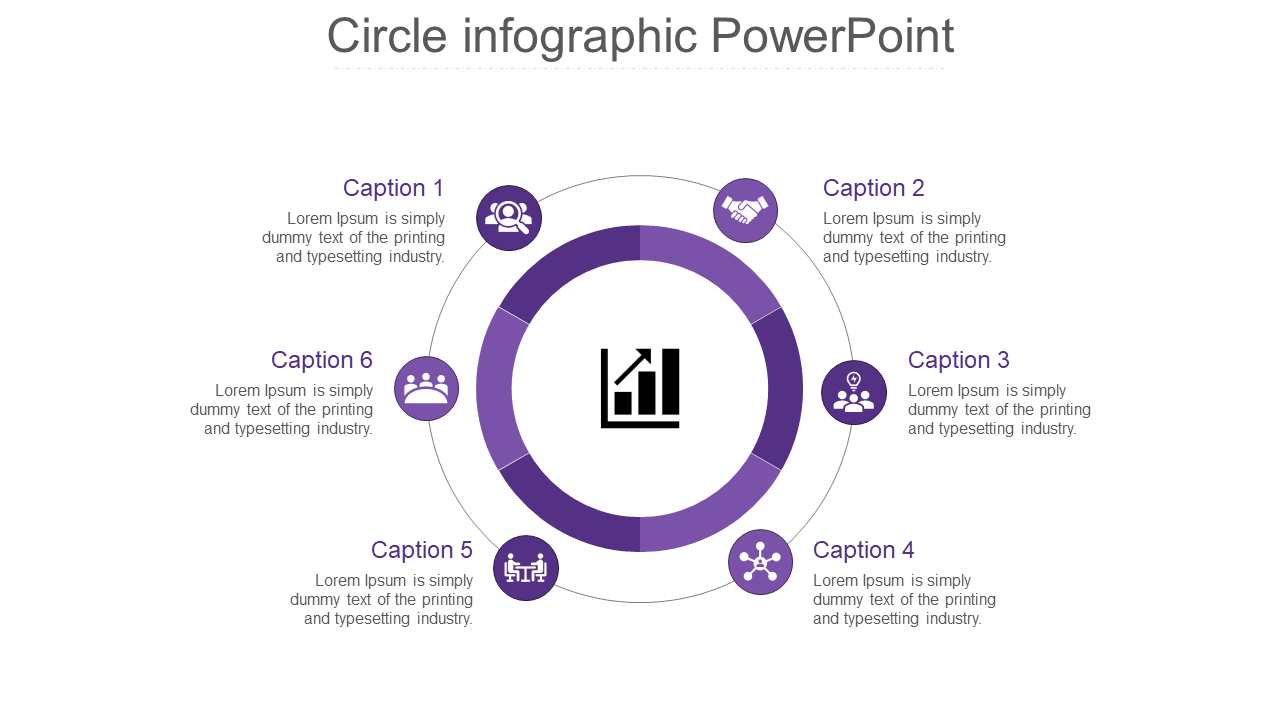 Circular purple infographic with six labeled captions, surrounding a central icon, connected by a ring design.