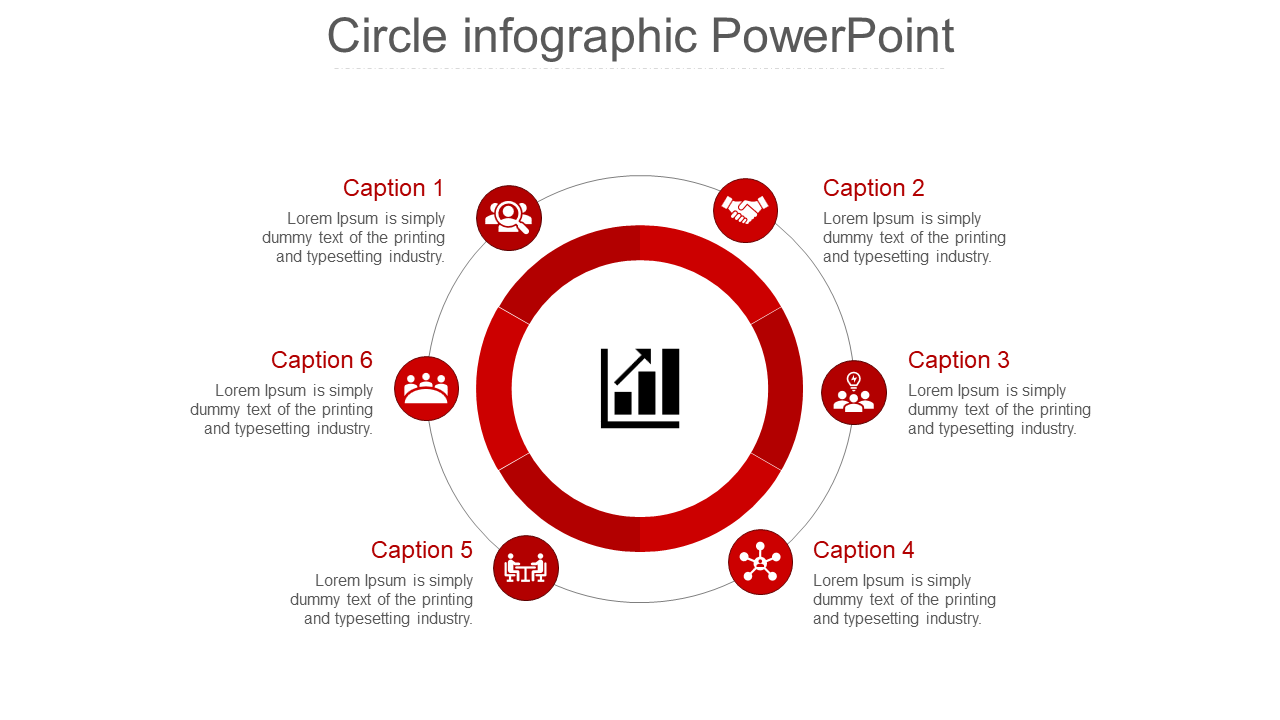 Red circle infographic PowerPoint template with six sections and captions around a central bar graph icon.