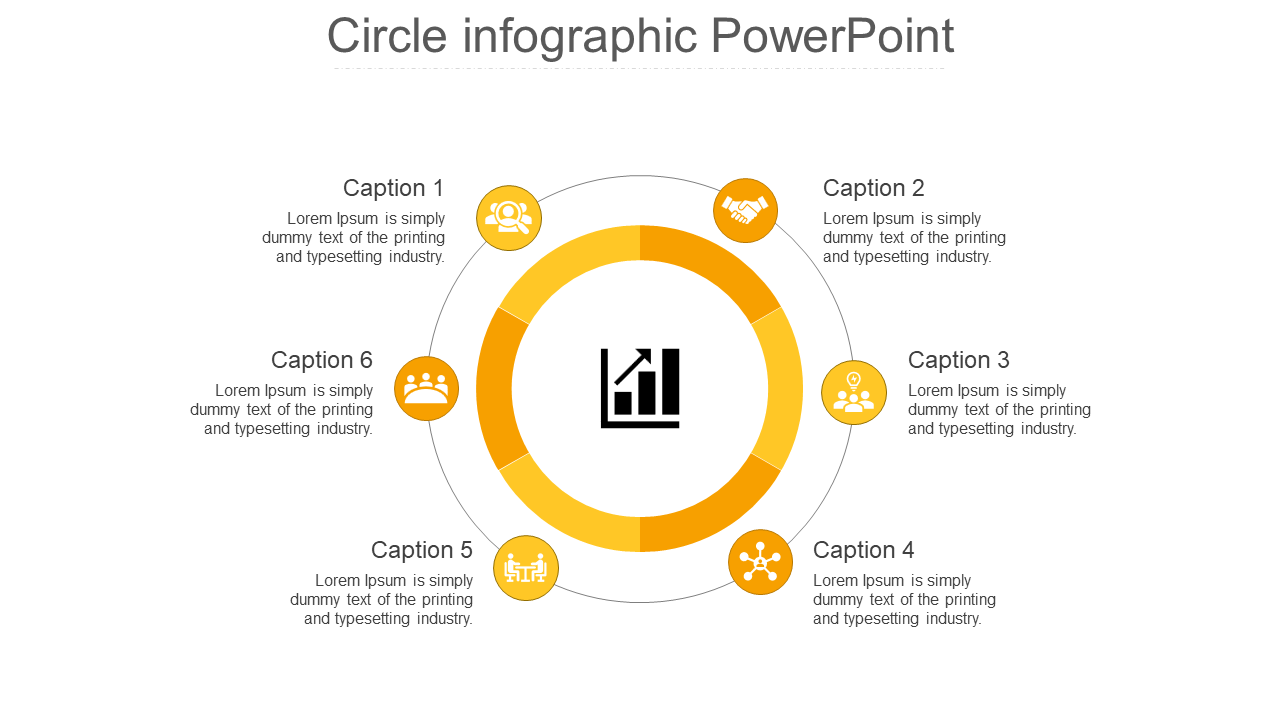 Circular infographic slide with six yellow icons surrounding a central bar chart icon, each icon labeled with a caption.