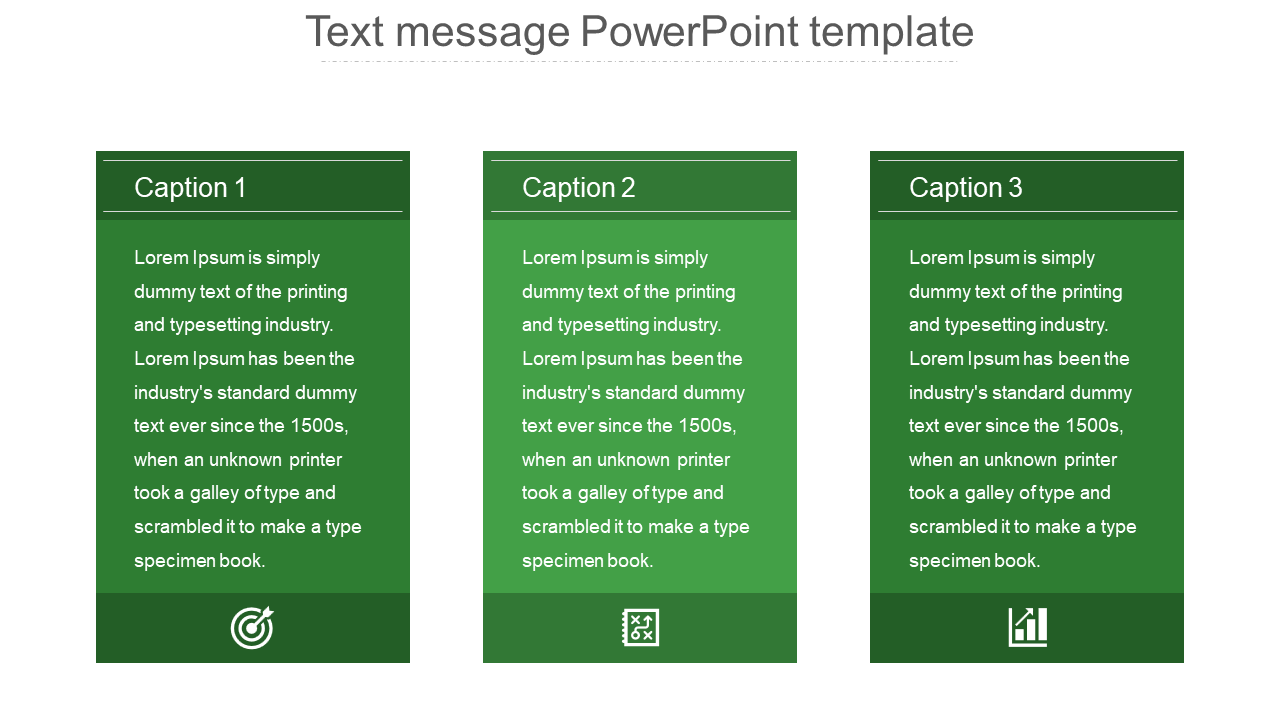 Text message-themed slide with three green boxes, each labeled, containing placeholder text areas and bottom icons.