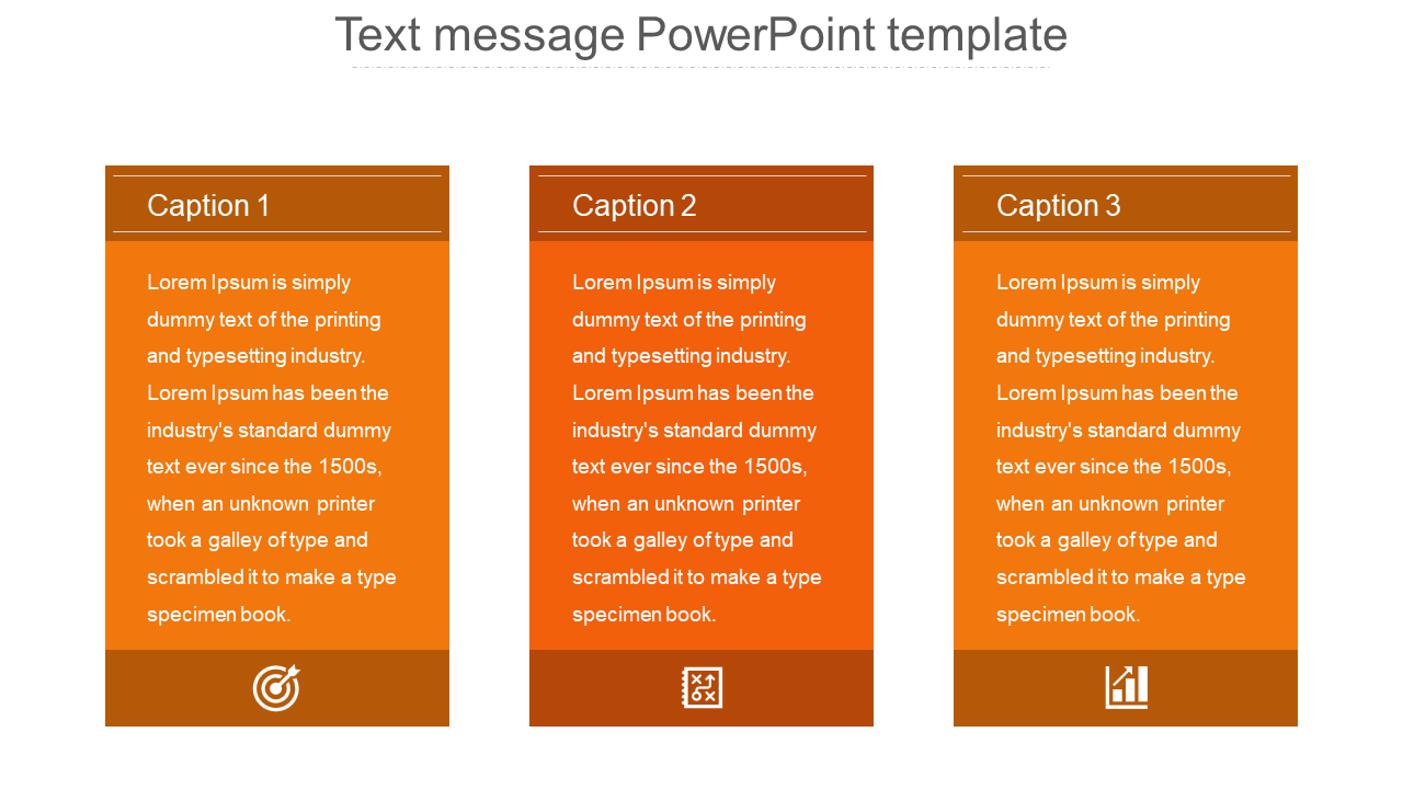 Text message PowerPoint template with three sections, each featuring a caption and an icon representing a different message.