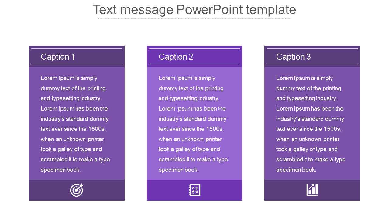 Text message PowerPoint template featuring three purple text boxes with different captions and icons.