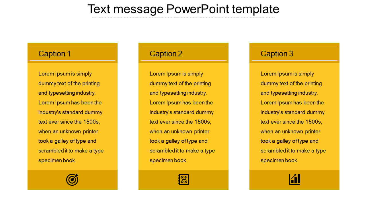 Set of three yellow text cards with white text, icons at the bottom, and a centered title on a clean light layout.