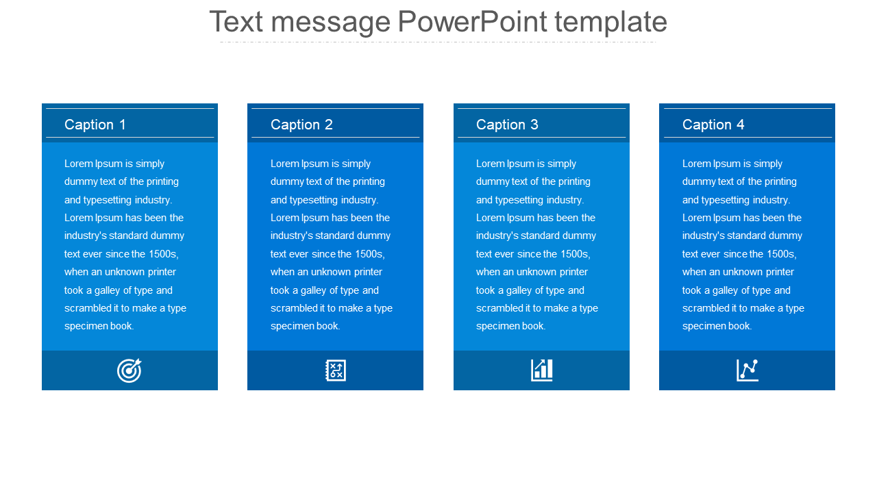 Slide featuring four blue rectangular sections with text, numbered captions, and icons at the bottom.