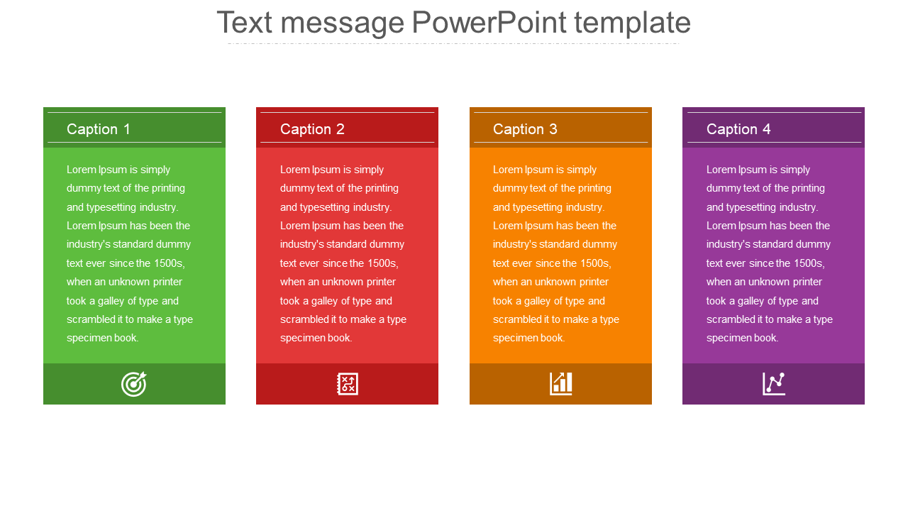 Slide design with colorful vertical panels for text, captions, and icons in green, red, orange, and purple.