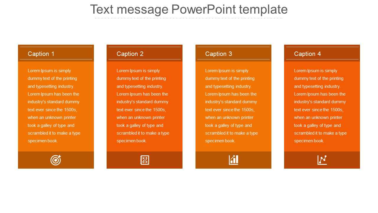 Four orange text boxes labeled caption 1 to 4, each with placeholder text and an icon at the bottom.