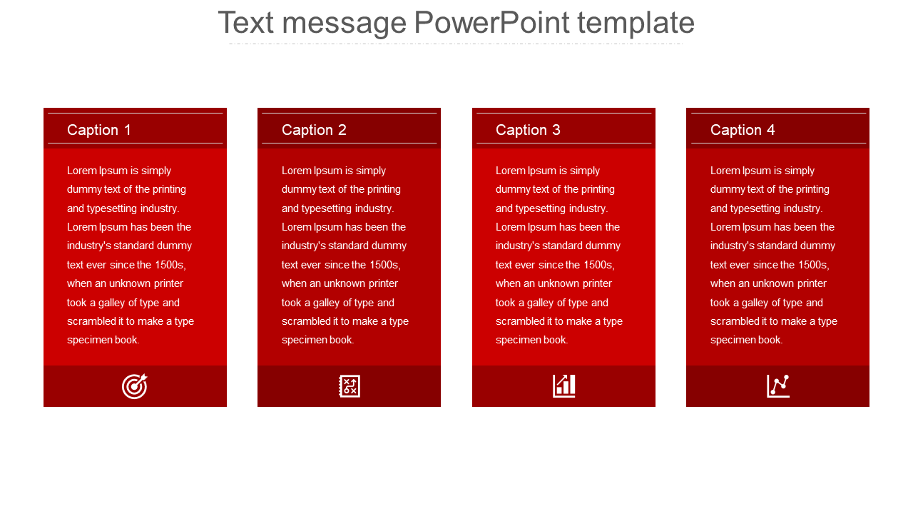 Text message PowerPoint template with four red captioned sections and icons representing different themes.