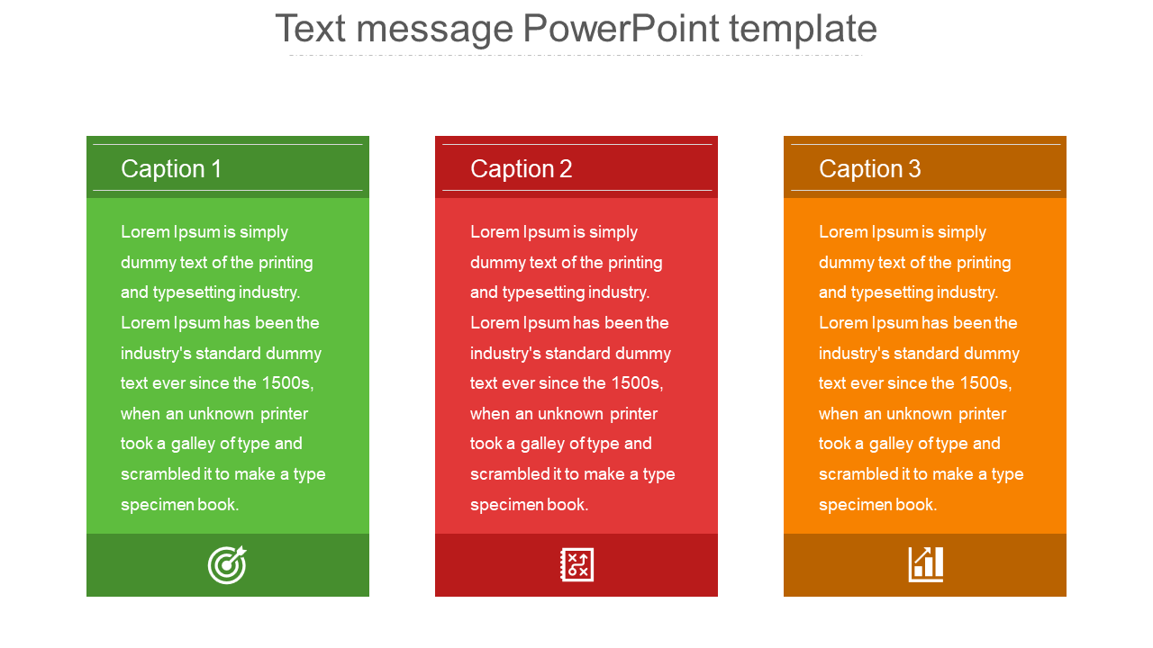 Text message style PowerPoint template with three colorful blocks and icons for goals, settings, and analytics.