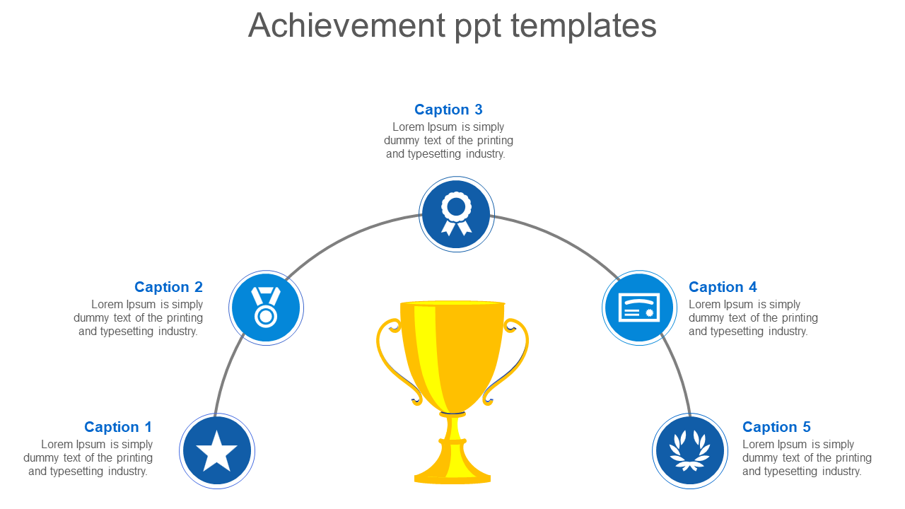 Yellow trophy in the middle with five blue achievement icons arranged in a semi circle layout with captions.