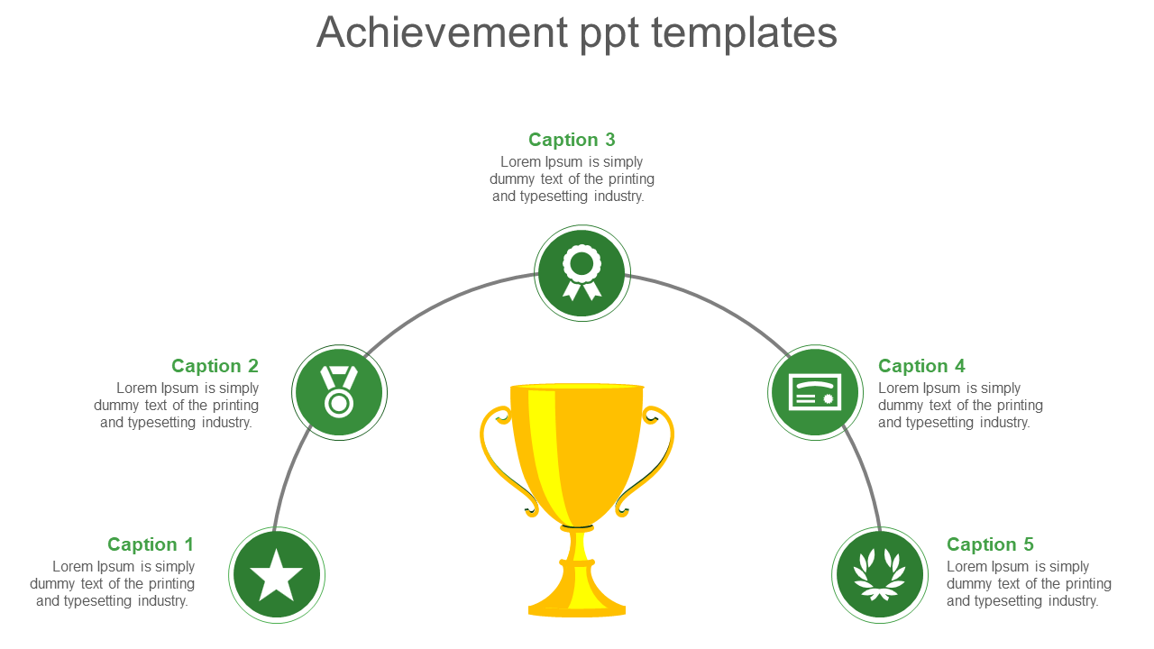 Achievement slide featuring a golden trophy at the center, connected to five green icons symbolizing various accomplishments.