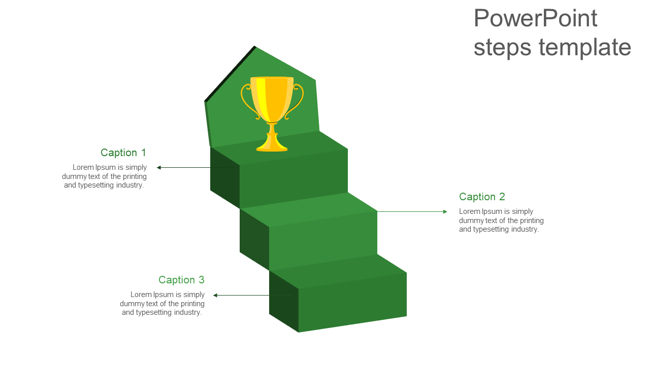 Modern staircase themed infographic with three steps in green, each linked to captions, leading to a golden trophy.