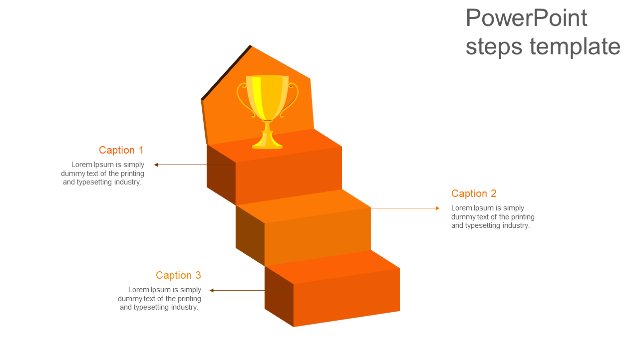 Orange 3D step diagram with three labeled levels leading to a trophy at the top, representing achievement.