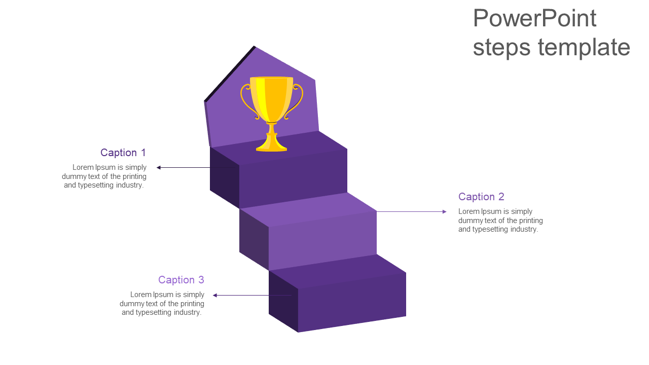 Steps PPT template with a trophy at the top and three purple steps, each labeled with captions.