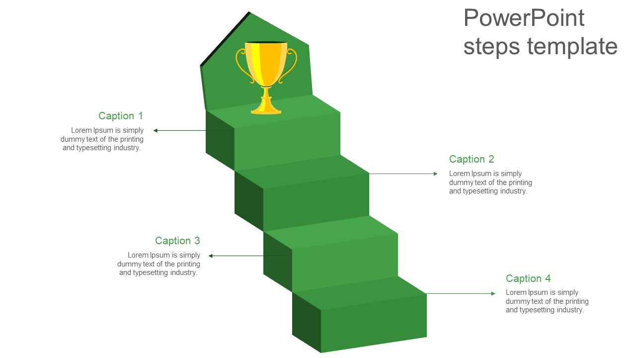 A staircase with four green steps leading to a trophy with each step having a  placeholder text.