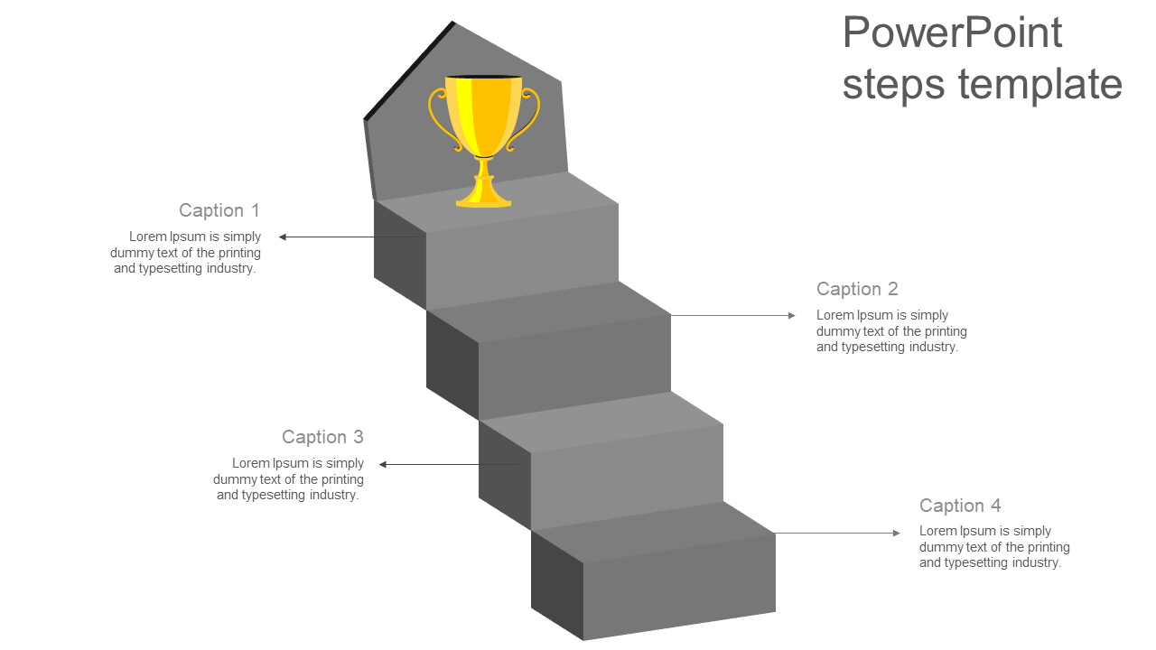 Four step gray staircase with a trophy at the top, arrows pointing to captions on either side, on a white backdrop.