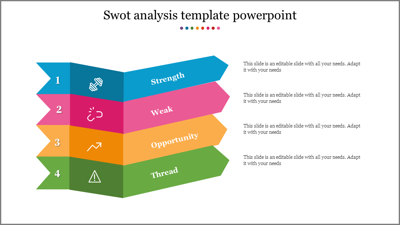 Slide showing SWOT categories in blue, pink, orange, and green banners aligned with descriptive icons and text.