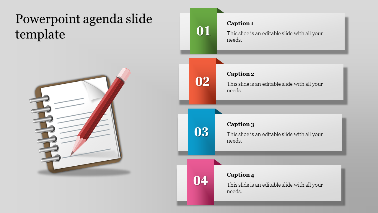 Agenda slide with four numbered sections in green, red, blue, and pink, alongside a notepad and pencil illustration.