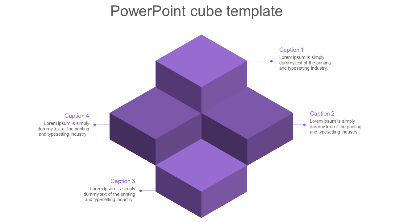 Cube PPT template with four purple cubes arranged in a cross shape, each labeled with a caption.