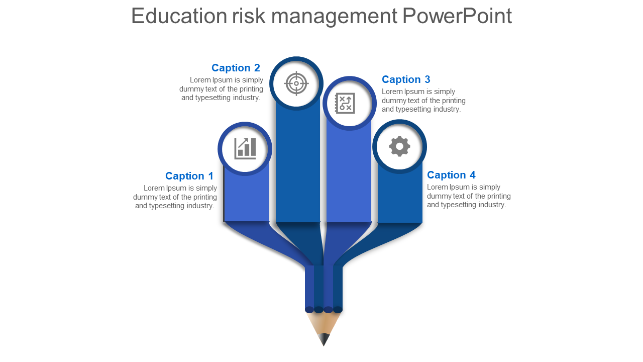 Education risk management diagram slide featuring four colored sections with icons and captions indicating different phases.