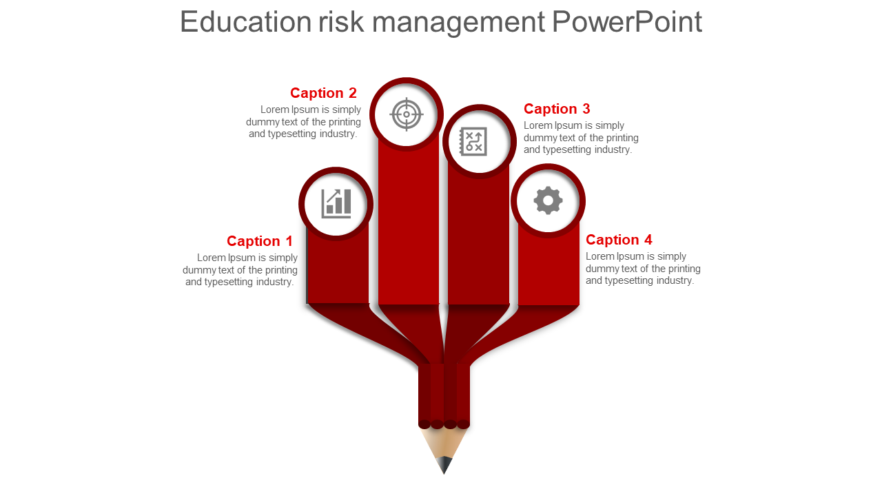 Red education risk management slide with a pencil shaped infographic splitting into four labeled sections with icons.