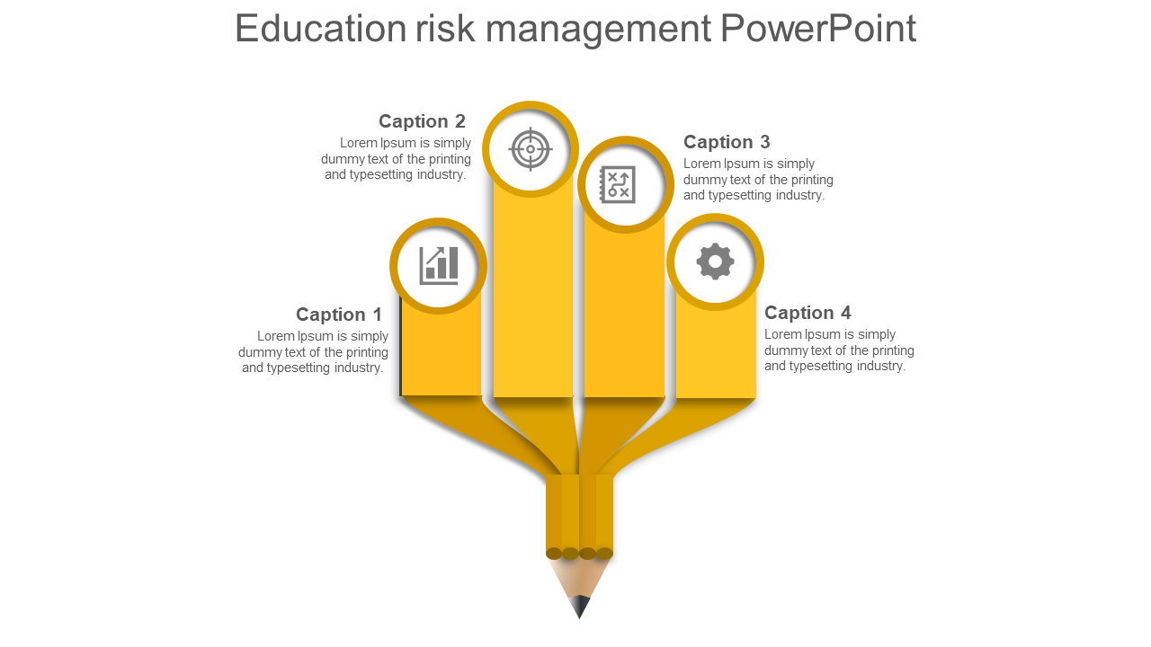 Four curved yellow segments extending from a pencil base, each showcasing an icon and caption around it.