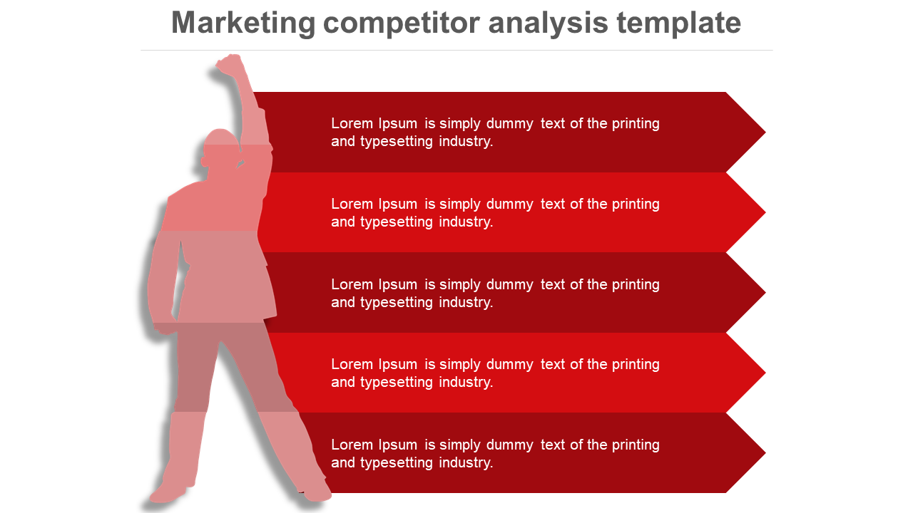 Marketing competitor analysis slide with a red-toned person silhouette next to five horizontal red bars, each with caption areas.