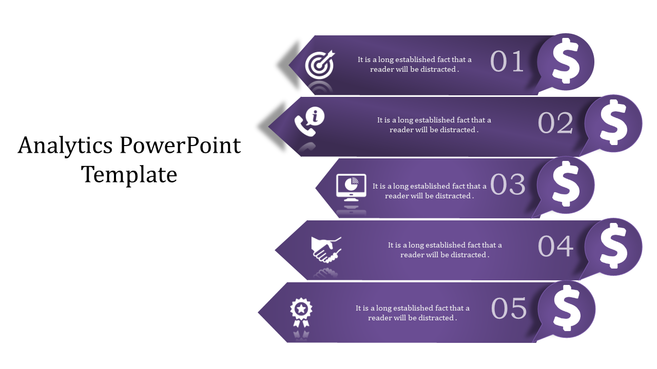 Purple analytics PowerPoint template with sequentially numbered arrows, each with a different icon for key business metrics.