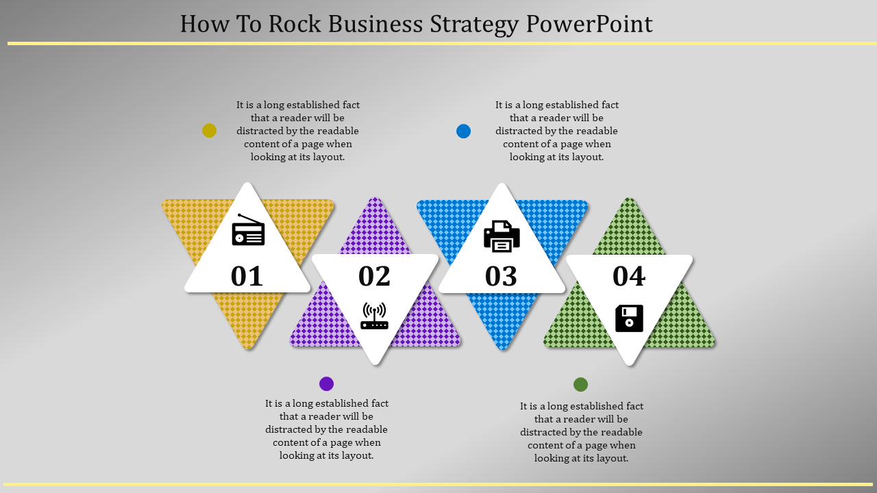 Business strategy infographic showing four numbered triangles in yellow, purple, blue, and green with matching step icons.