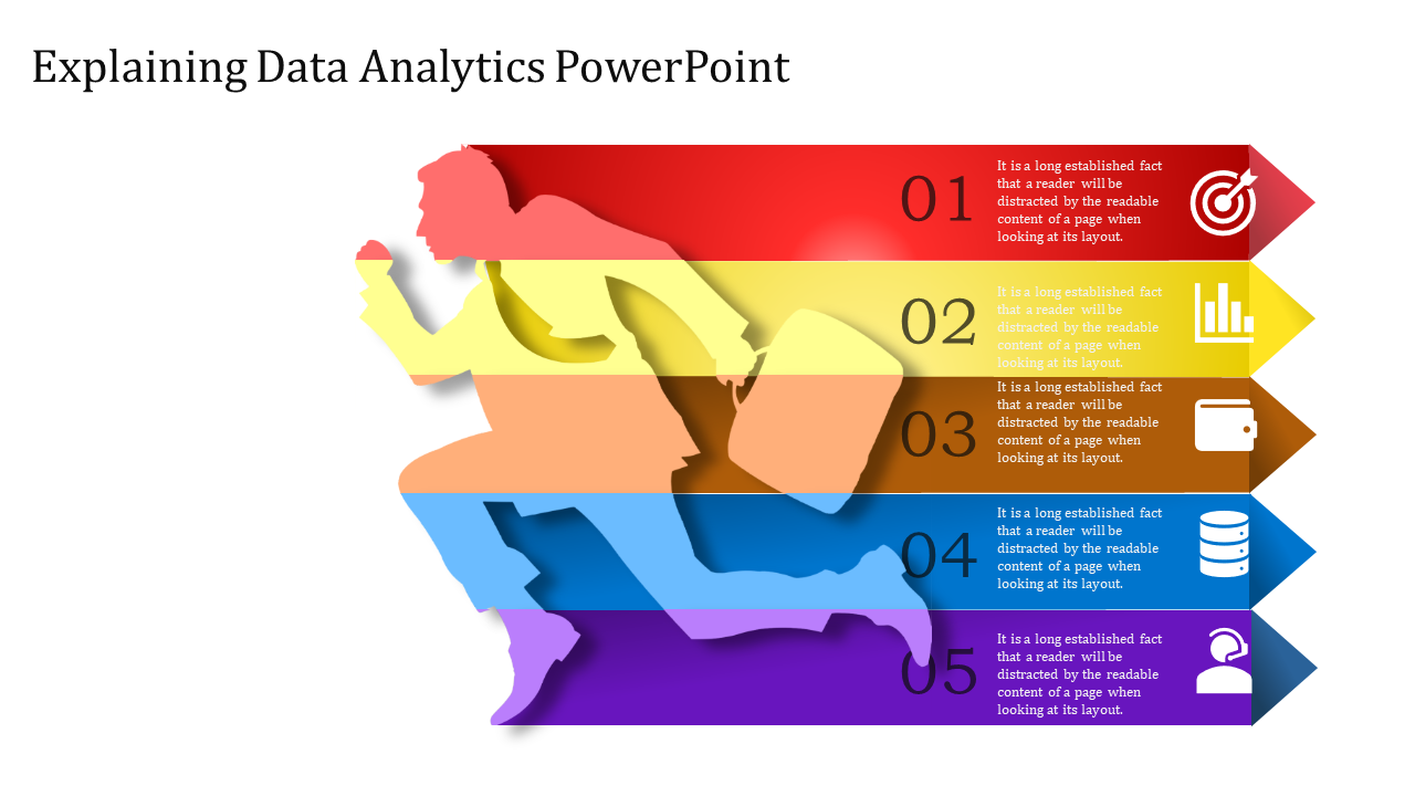 Data analytics slide with a layered silhouette of a running person, numbered sections, and icons for each step.