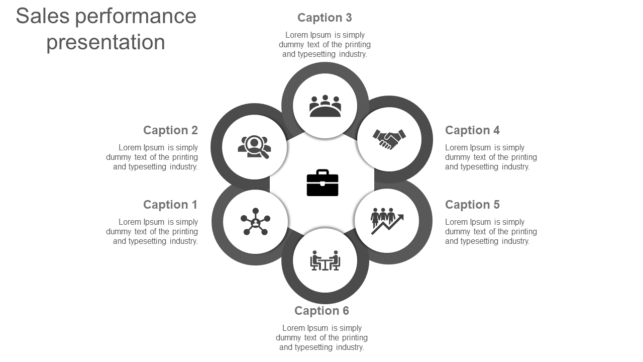 Slide design for sales performance, with six circular icons in a circular pattern, each labeled with captions areas.