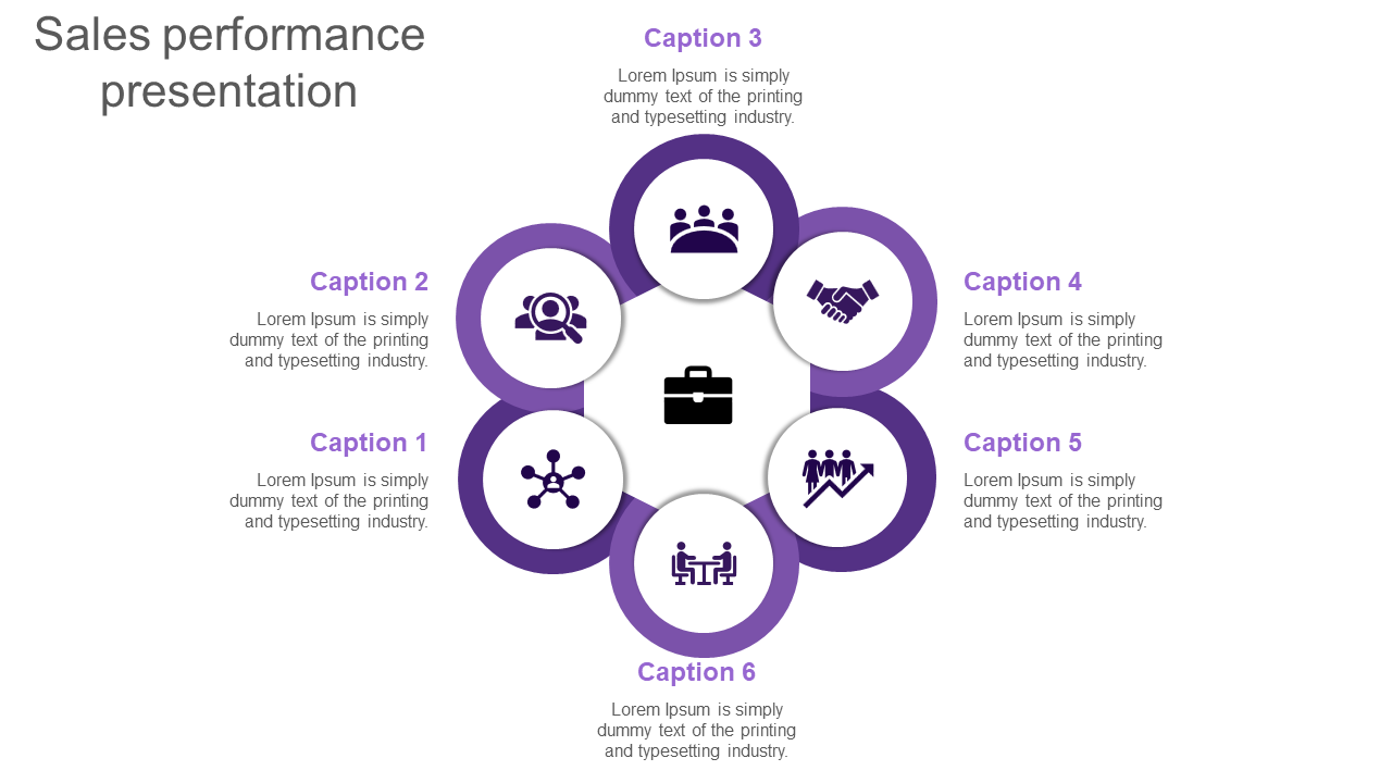 Sales performance template displaying six icons in a purple-themed ring around a icon, each paired with captions areas.