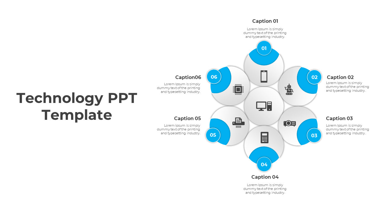 Technology diagram featuring six interconnected white circles, with blue accents, and captions on a clean layout.