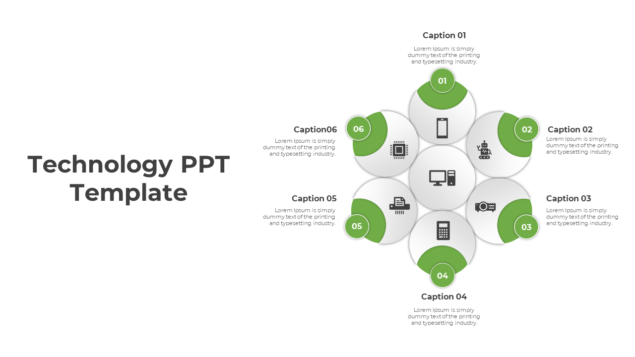 Technology PowerPoint template with six green circular sections, each featuring an icon and captions on a white backdrop.