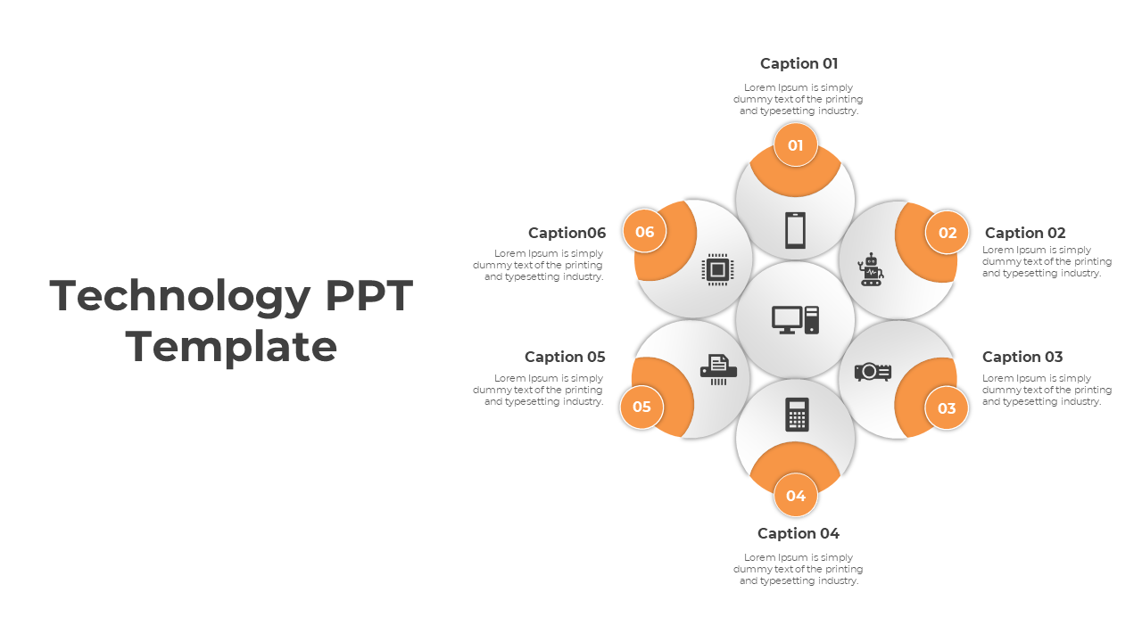 Circular layout featuring six orange labeled circles with technology icons and placeholders for text.