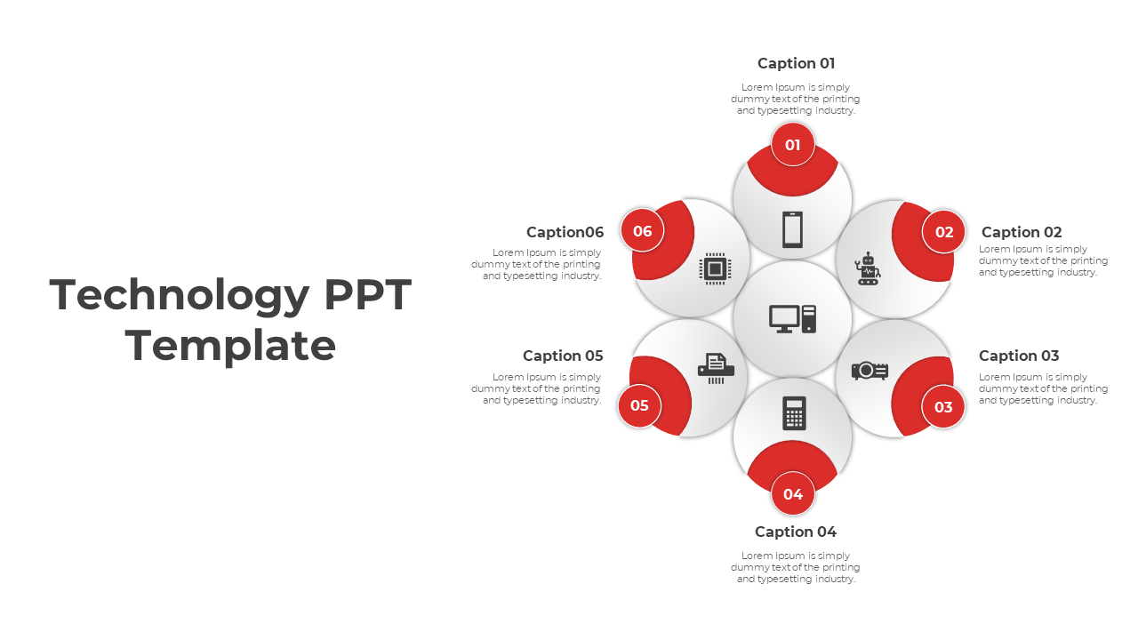 Technology PowerPoint template with six red circular sections, each featuring an icon and captions on a white backdrop.