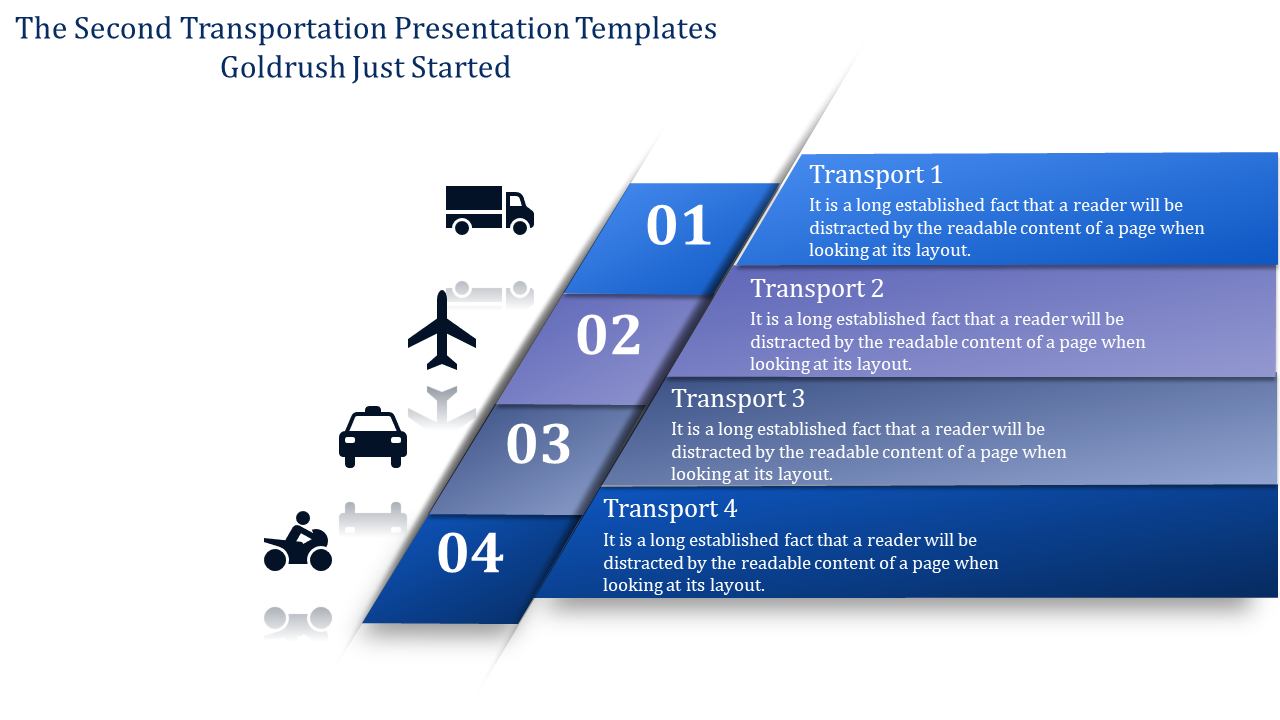 Four step transportation slide with icons representing different modes of transport with icons and text on a blue theme.